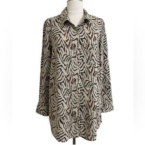 INTRO ❤️Womens Tan Black Zebra Print Long Sleeve Button Front Shirt Tunis Medium
